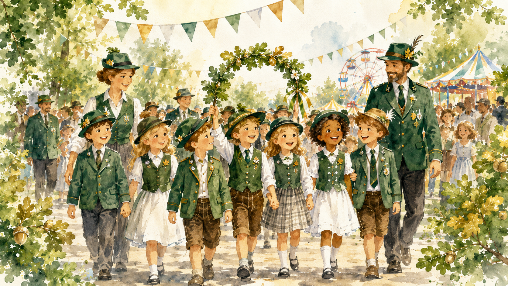 Kinderregiment beim gemeinsamen Festzug in Aquarelloptik