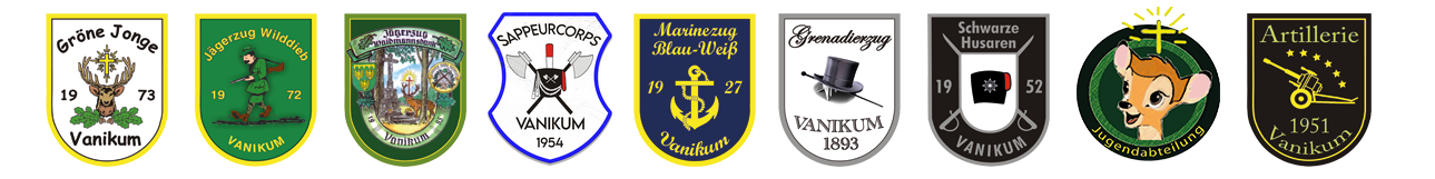 Wappen der Gröne Jonge, Wilddiebe, Sappeure, Marinezug Blau-Weiß, Grenadierzug, Schwarzen Husaren, Jugendabteilung und Artillerie